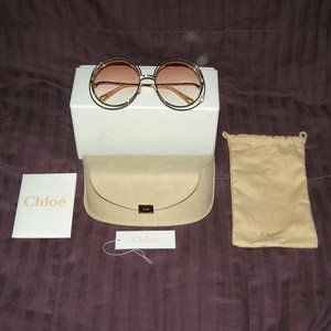 NEW w/Box CHLOÉ Carlina Pearl Round-frame Sunglasses In Gold Gradient Pe…